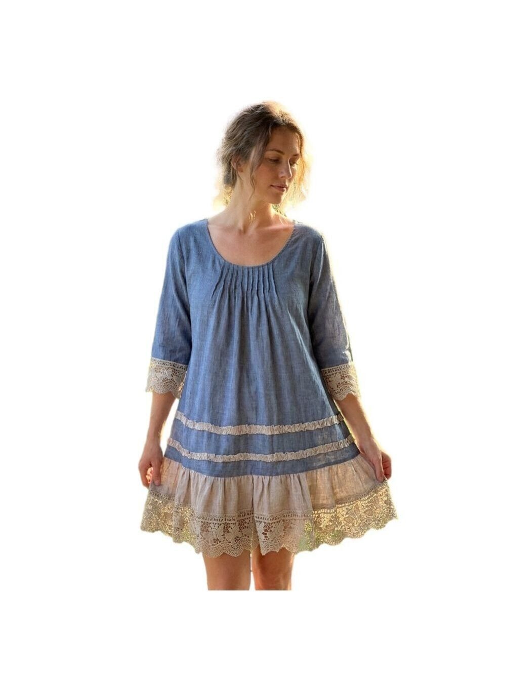 ADORN medium Indigo and Lace Bohemian Dress Peasant Mini